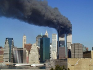 Photo of the twin towers on fire on September 11,2001